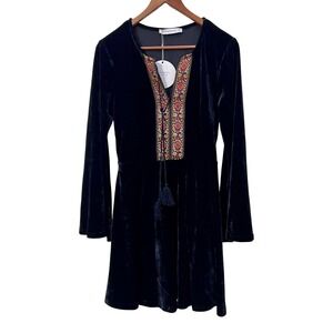 Rusttydustty Black Velvet Embroidered Boho Mini Dress Bell Sleeve Tassel‎ NWT M